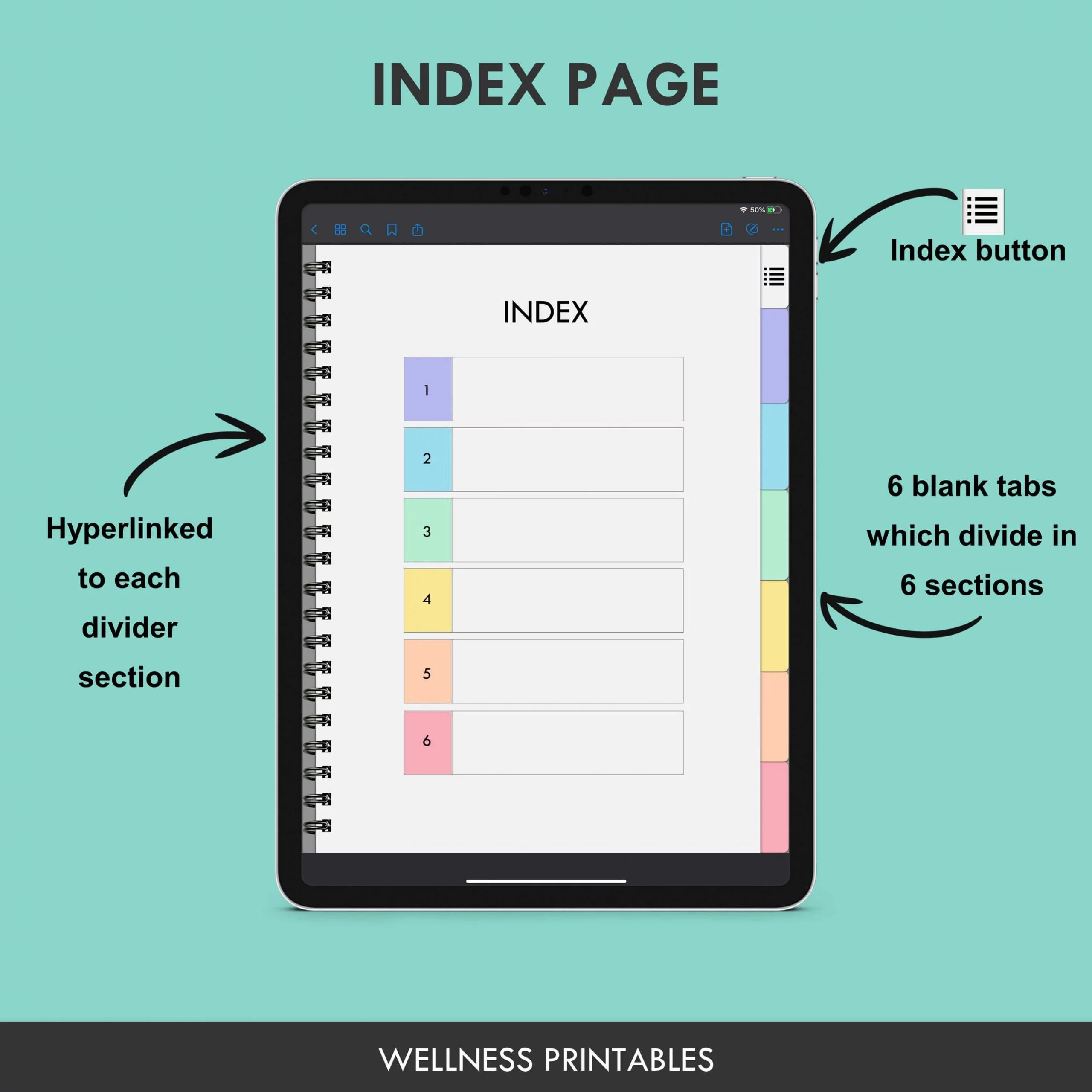 Digital Notebook 6 Subject for iPad, Goodnotes, Noteshelf 3 digital notebook index page