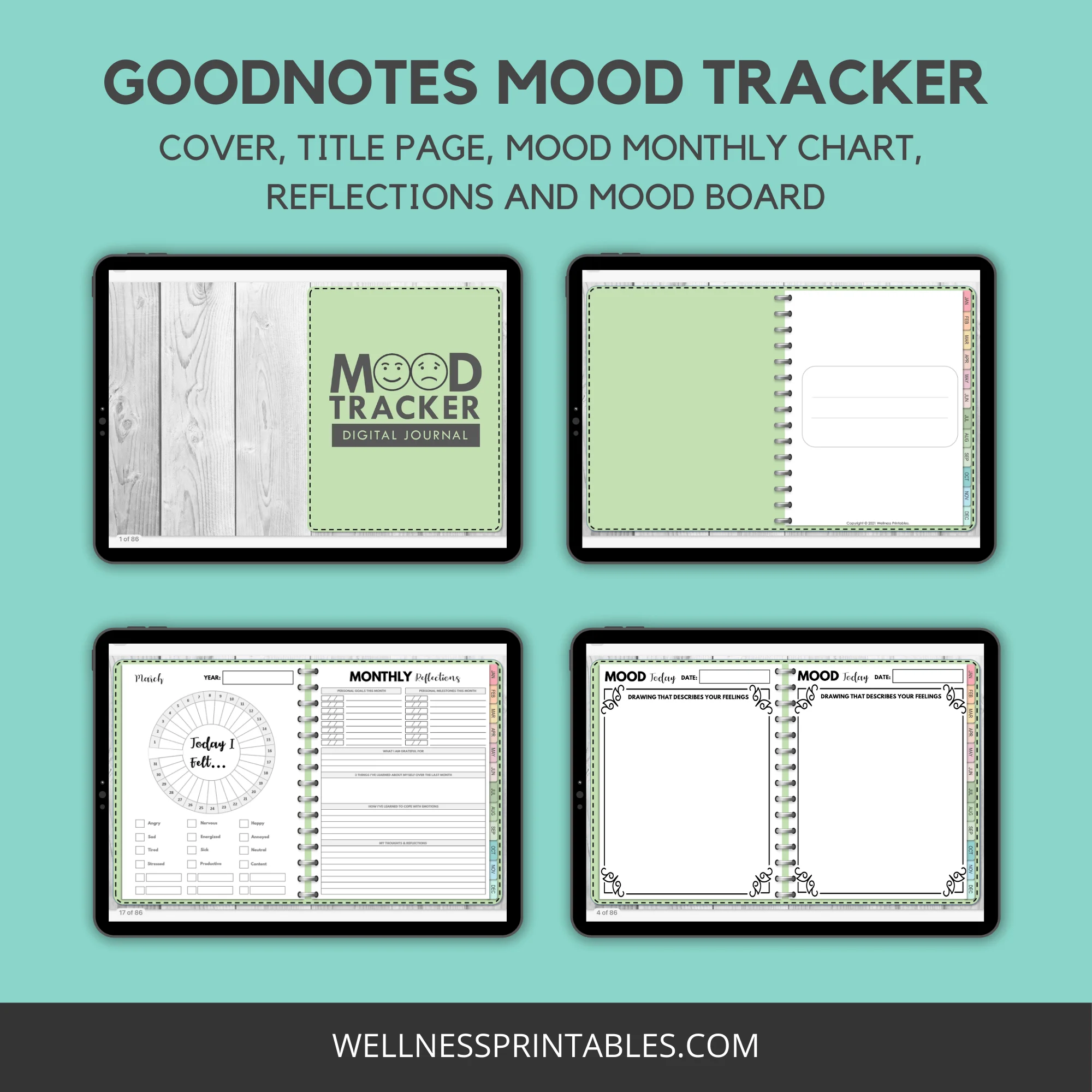 Mood Tracker Undated Digital Planner mood journal pages